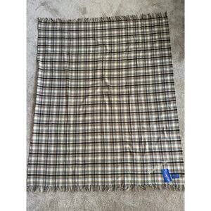 Pendleton Vintage 1990s Gray Tan Plaid Wool Fringe Blanket Deadstock 54” x 66”